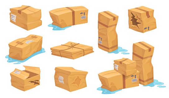 Damaged cardboard boxes. Damage package box, crumpled broken torn container delivery fail bad packaging wet goods from rain parcel breakage cargo set neat vector illustration of box and cardboard