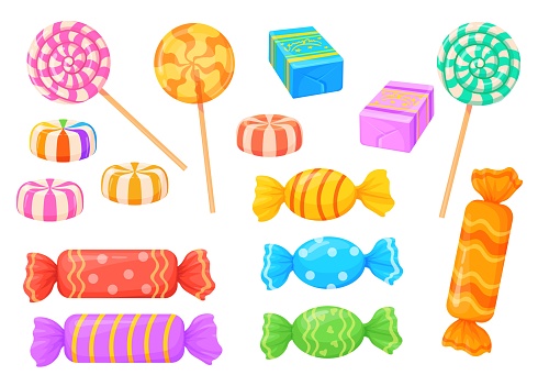Cartoon wrapped candy. Caramel bonbon sweet lollipops snacks chocolate and fruit sweets for kids, tasty sugar confectioner childish dessert food birthday, vector illustration of wrapped caramel candy