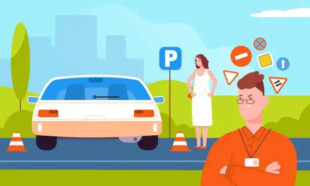 Vector illustration of Annoyed auto instructor. Annoying driver student and sad teacher driving lessons on test drive natural road traffic, training drivers laws car rules, splendid vector illustration