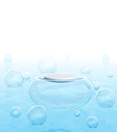 Circle podium placed on clear bubbles on the surface water or the sea along with water waves fresh and cool naturally. stand display advertising cosmetic beauty product or skincare. 3D Illustration.