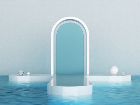 Platform podium runway catwalk three-way arch white reflection and blue frosted glass concrete wall display on pool or water ripple wave. pedestal fashion cosmetics or skincare. 3D Illustration.