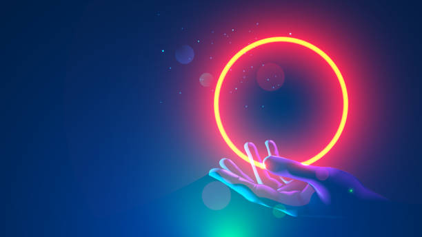 ilustrações de stock, clip art, desenhos animados e ícones de futuristic round red neon frame over hand human. abstract circle light hanging over palm of scientist. template banner for technological presentation with place for logo. future science background. - lack of energy