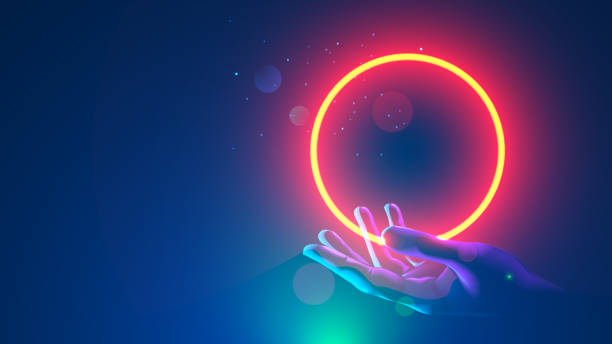 Futuristic round red neon frame over hand human. Abstract circle light hanging over palm of scientist. template banner for technological presentation with place for logo. Future science background. vector art illustration