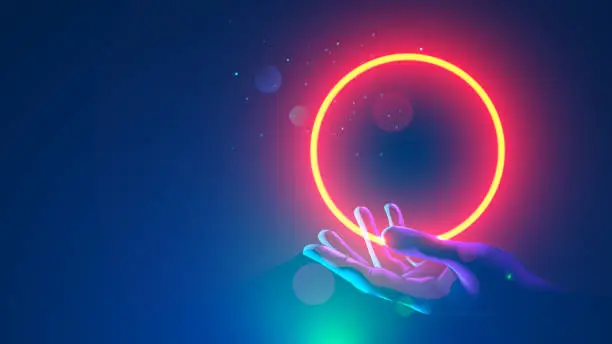 Vector illustration of Futuristic round red neon frame over hand human. Abstract circle light hanging over palm of scientist. template banner for technological presentation with place for logo. Future science background.