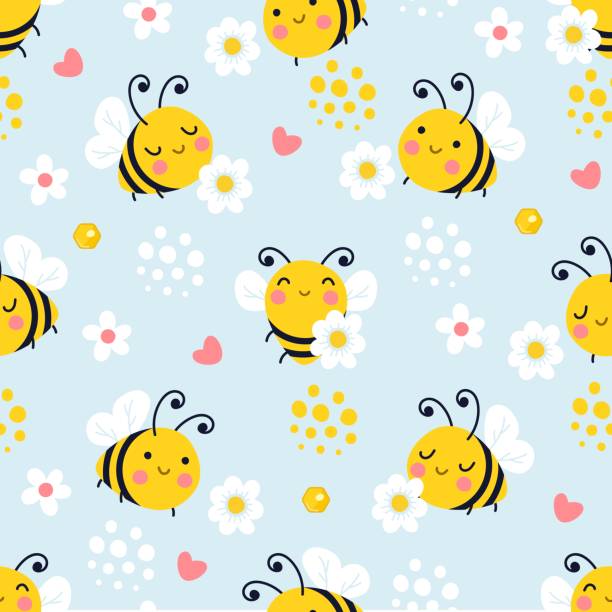 ilustrações de stock, clip art, desenhos animados e ícones de bee seamless pattern. bees flying, daisy meadow and insect pretty fabric prints. cute cartoon summer spring babies background, nowaday nature vector template - field image computer graphic bee