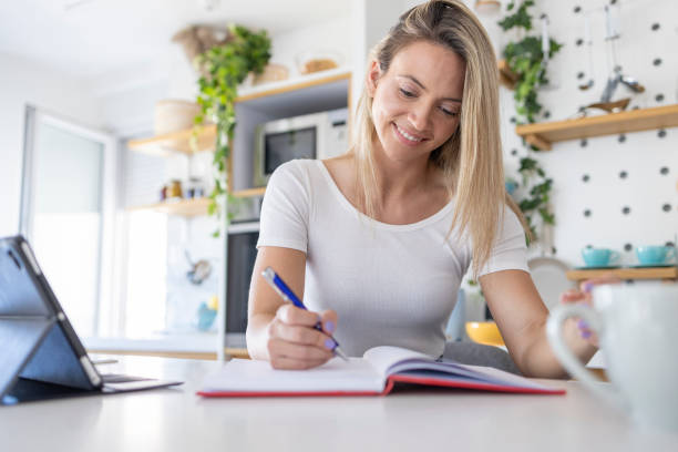 istock Happy young woman studying from home 1411379859