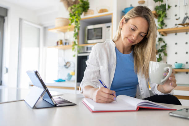 istock Cheerful young woman writing in notebook and drinking coffee 1411379869
