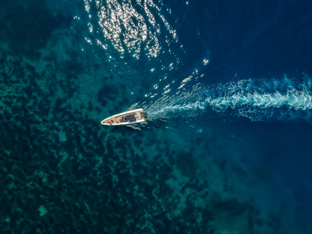 istock Aerial top down view of a rib motorboat 1411380563