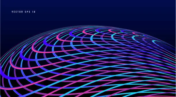 Vector illustration of Abstract background with laser neon waves crossing and creating spheric shape of curved lines texture
