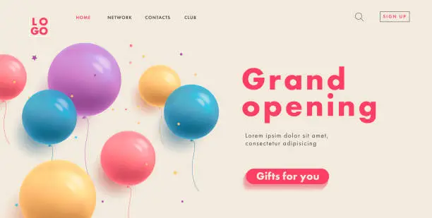 Vector illustration of grand opening web banner for shopping mall website home page with multicolored transparent round balloons and button gifts for you