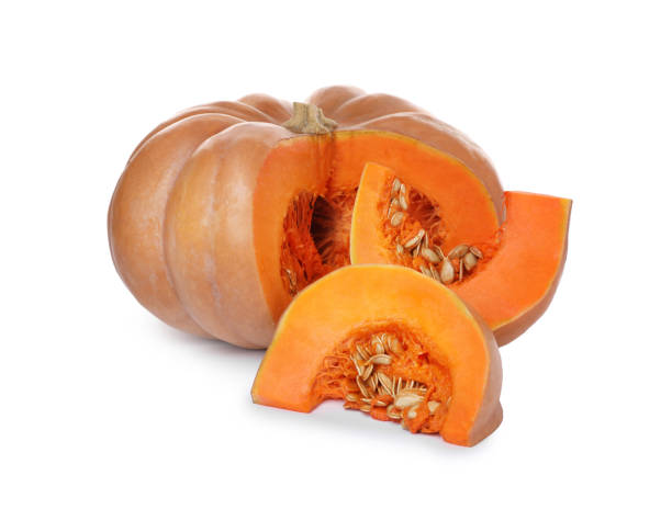 istock Sliced fresh ripe pumpkin on white background 1411382699