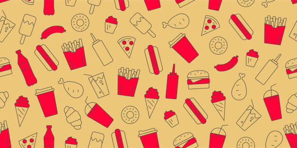 istock Seamless pattern with fast food and drinks wrapping paper in mustard yellow color with accent red 1411383671