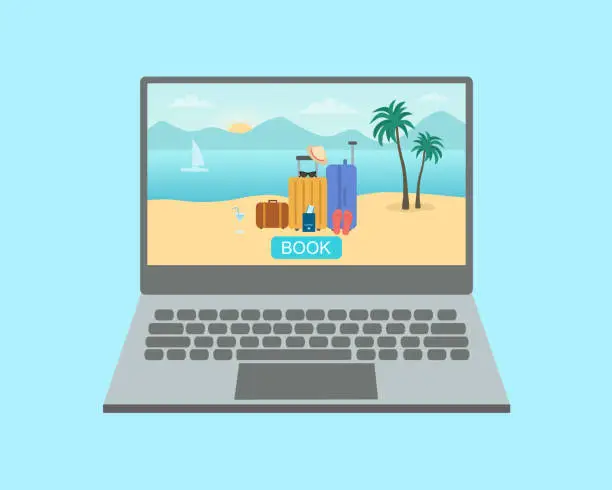 Vector illustration of Travel And Online Booking Concept With Booking App On Laptop