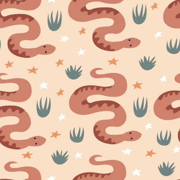 Vector illustration of Wild west seamless pattern with snakes, stars and flowers