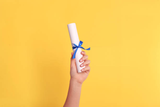 istock Student holding rolled diploma with blue ribbon on yellow background, closeup 1411385781