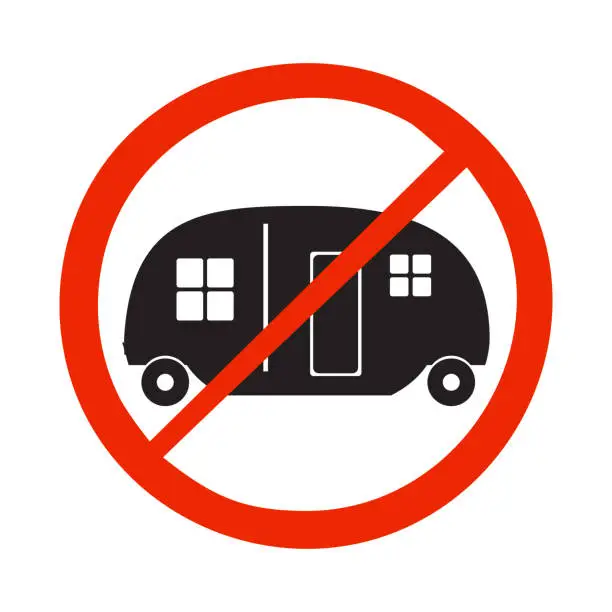 Vector illustration of No camper zone sign. Camper mark isolated on white background. Forbid camping area sign.