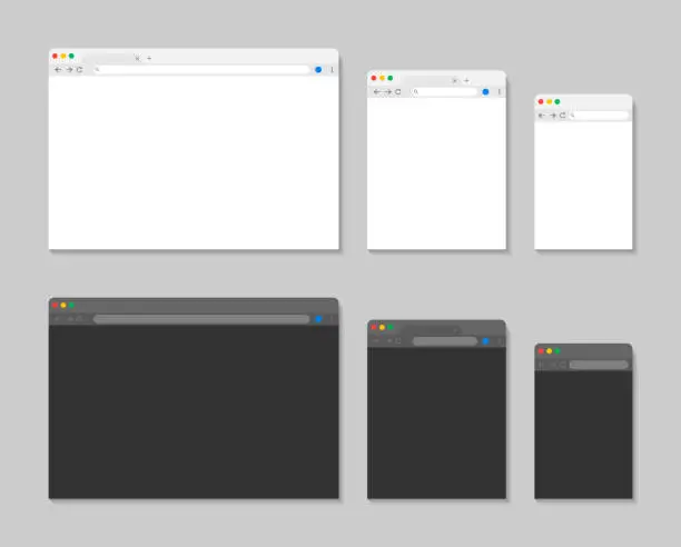 Vector illustration of Browser window for laptop, mobile and tablet. Web mockup with menu and interface. Templates for internet, website and webpage. Dark and white screen on desktop. Vector