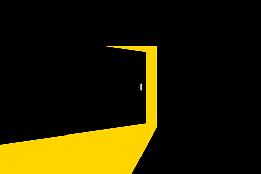 Open door with light beam on dark background. Icon of hope. Doorway in future. Black room with bright from entrance. Concept for business, vision and success. Vector.