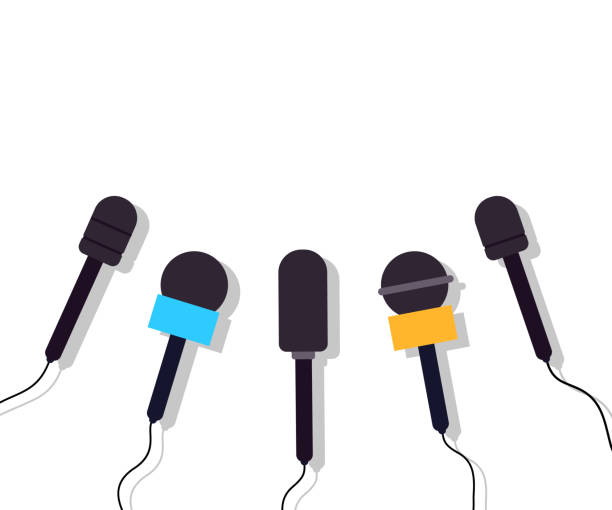 ilustrações de stock, clip art, desenhos animados e ícones de microphone for news, live and tv. mic of journalist, media and reporter. breaking interview or broadcast. journalism icon. many microphones for studio. vector - the media paparazzi photographer press conference microphone