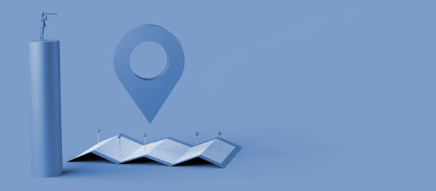 istock Location concept with locator mark, map with pins and man looking through spyglass. 3D illustration. Copy space. 1411388021
