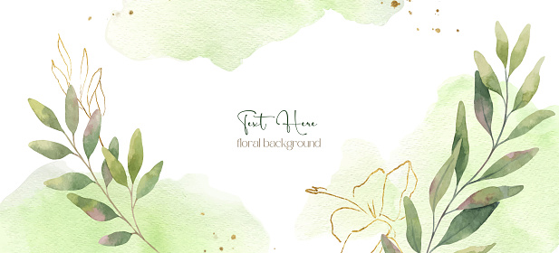 Watercolor vector background with botanical branches, green spots and gold flecks isolated on a white. Art design with a place for text is suitable for banner, invitations, web.