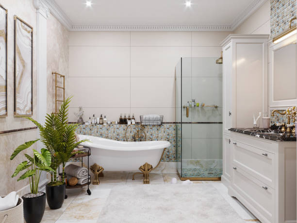istock Modern bathroom interior with tiled walls and floor. 3d rendering 1411389329
