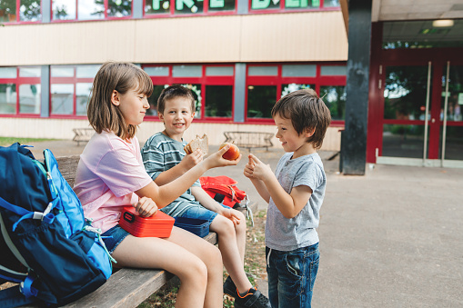 Children sit on a bench in the school yard and eat apples and sandwiches. Snack during break time during class.