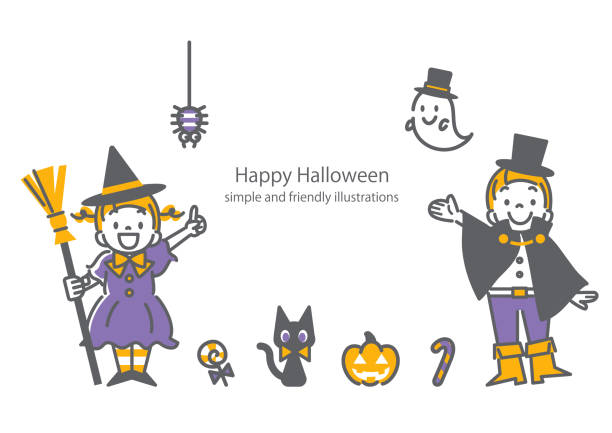 süße halloween kinder illustration kollektion - halloween witch domestic cat frame stock-grafiken, -clipart, -cartoons und -symbole