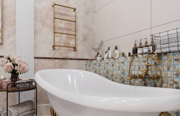 istock Modern bathroom interior with tiled walls and floor. 3d rendering 1411394941