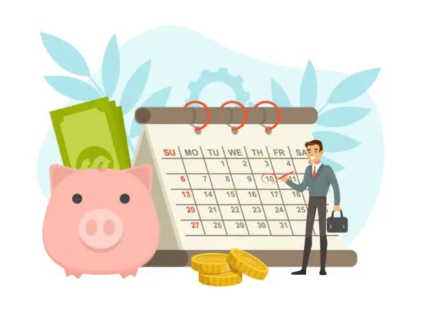 Vector illustration of Happy Man Marking Day on Calendar and Piggy Bank with Dollar Banknote Vector Illustration