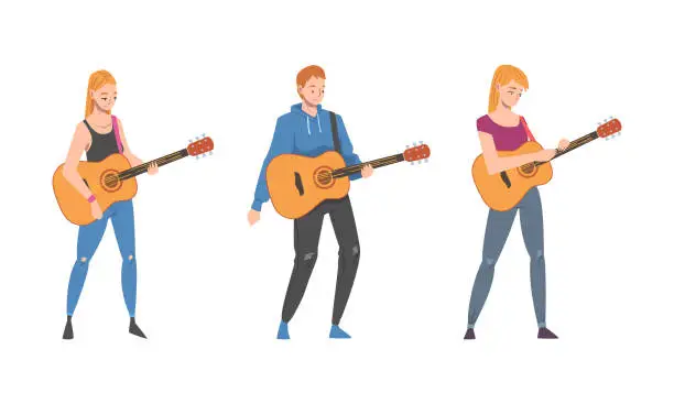 Vector illustration of Young Man and Woman Musician Guitarist Character Playing Guitar Performing Street Concert Vector Set