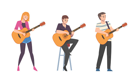 Young Man and Woman Musician Guitarist Character Playing Guitar Performing Street Concert Vector Set. Male and Female Artist with Musical Instrument