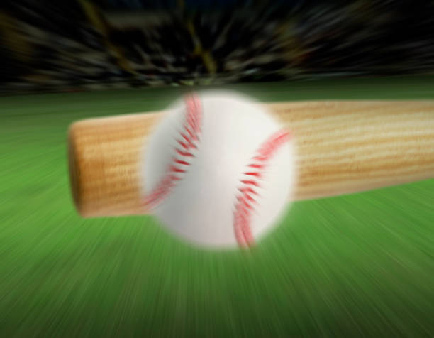 3d baseball field with bat, glove and ball under stadium lights at night. Sport game pitch with bases, green grass and white spotlights on blue background. Render championship arena. 3D illustration