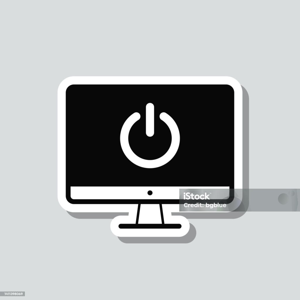 Desktopcomputer Mit Netzschalter Symbolaufkleber Auf Grauem Hintergrund  Stock Vektor Art und mehr Bilder von Computerbildschirm - iStock
