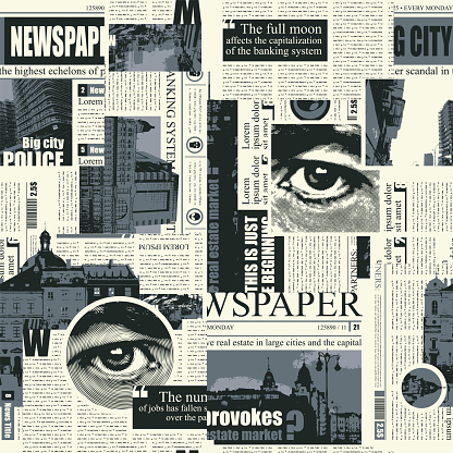 Abstract seamless pattern with collage of newspaper and magazine clippings. Monochrome vector background with illegible text, illustrations, headlines and human eyes. Wallpaper, wrapping paper, fabric