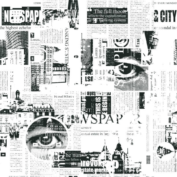 ilustraciones, imágenes clip art, dibujos animados e iconos de stock de patrón abstracto sin fisuras en un tema de periódico - newspaper clippings