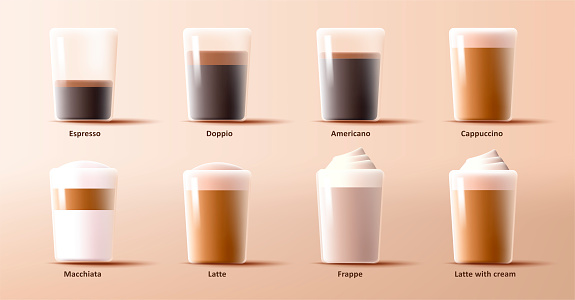 Collection of coffee types in glass cup, cappuccino, espresso and latte, 3d render graphic. Vector illustration