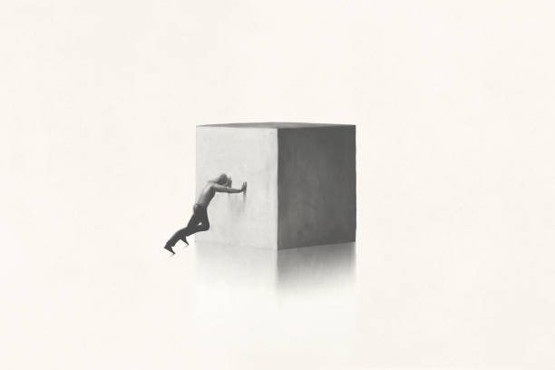 istock Black and white illustration of little man pushing heavy big solid cubic shaped rock, abstract minimal concept 1411398507