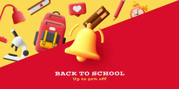 Vector illustration of Back to school banner with 3d illustration of ringing bell and school objects for study