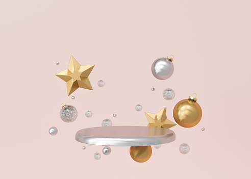 Silver podium with Christmas decoration on pink background. Xmas composition. Elegant scene for product, cosmetic presentation. Luxury mock up. Pedestal, platform for beauty products. 3D rendering