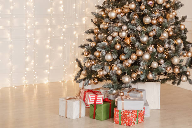 istock Beautiful New Year's interior, Christmas tree, gifts 1411402000