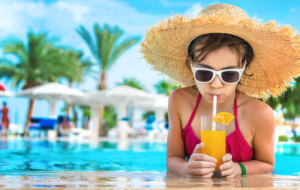 istock Girl Wearing Straw Hat Drinking Orange Juice At Poolside 1411402895