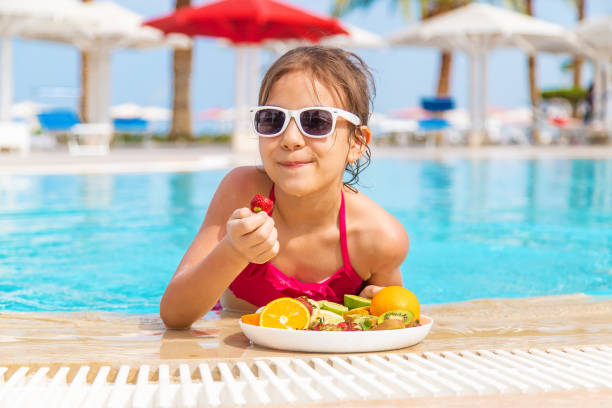 istock Smiling Girl Eating Strawberry At Poolside 1411402936