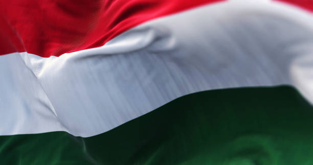 vista de cerca de la bandera nacional de hungría ondeando en el viento - hungarian flag fotografías e imágenes de stock