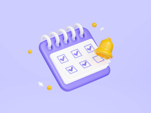 istock Reminder in calendar 3d render - cute purple calendar with check points marked with tick on white paper and yellow bell. 1411407929