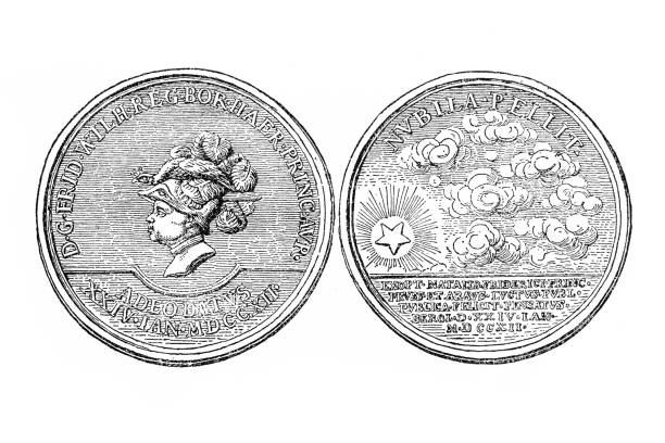 1712년 프로이센 대왕 프레드릭 탄생 은메달 - prussia stock illustrations