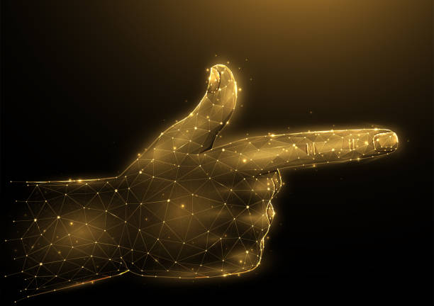 istock Finger gun polygonal vector illustration on a dark background. Hand gesture signal low poly design. Hand shooting gesture concept art 1411411863