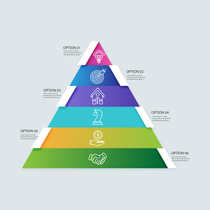 6 steps pyramid with free space for text on each level. infographics, presentations or advertising
