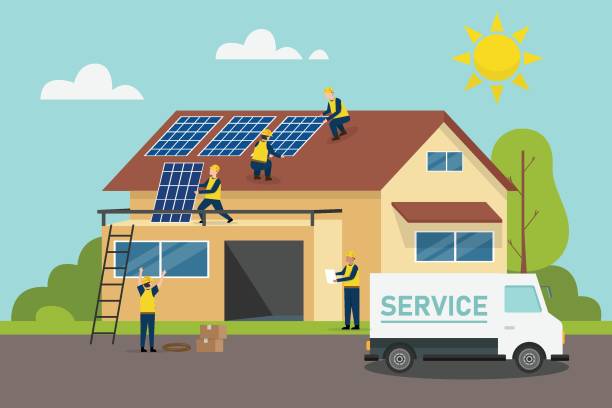 Solar panel home installation 2d flat vector Solar panel home installation 2d flat vector illustration concept for banner, website, illustration, landing page, flyer, etc. Installing stock illustrations