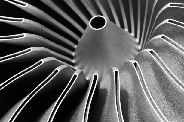 steel blades of turbine propeller 3d printing. close-up view. selected focus on foreground, industrial additive technologies concept - mode of transport part of vehicle vehicle part black and white imagens e fotografias de stock